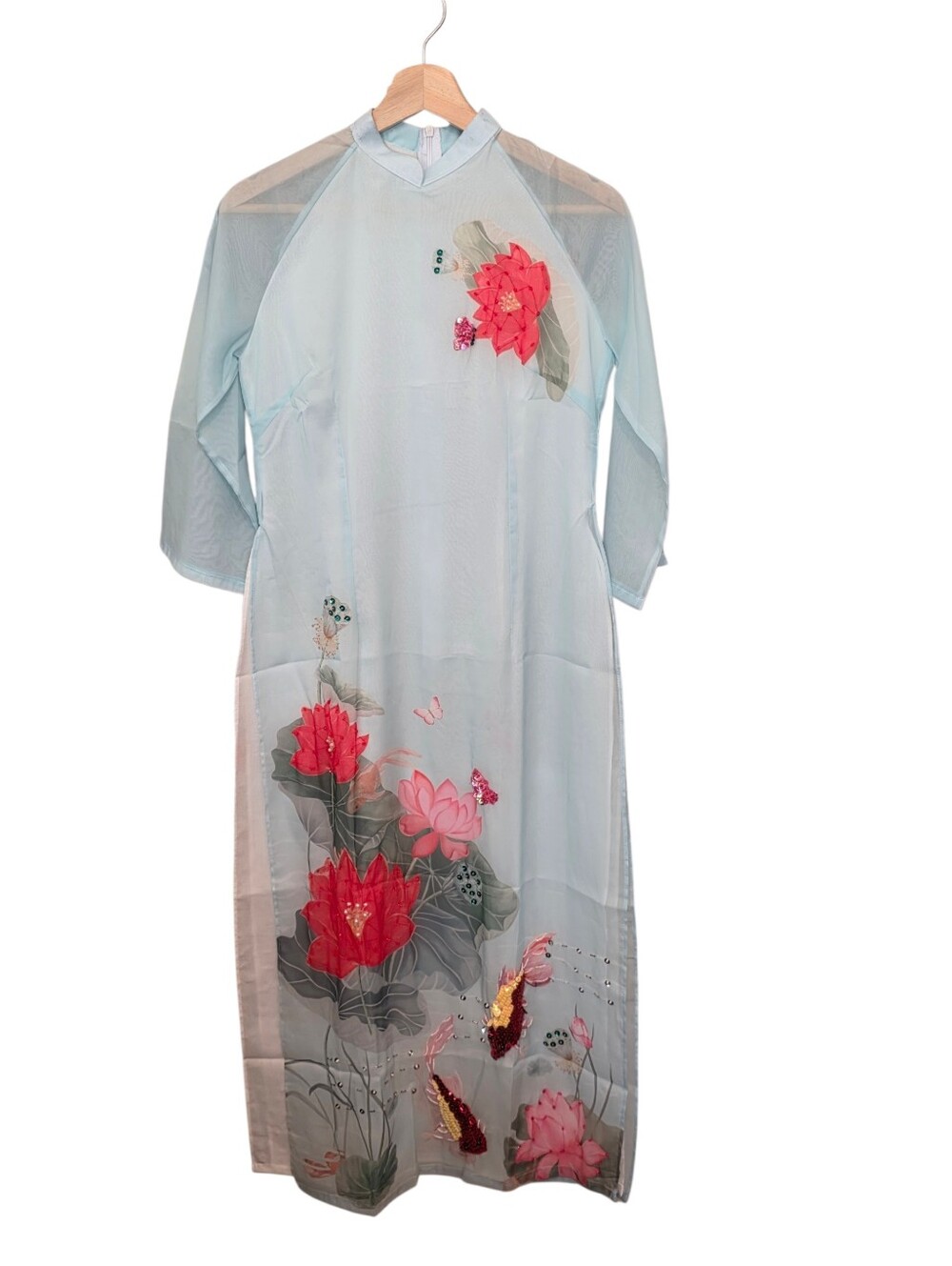 Vietnamese Ao Dai Light Blue Embellished Floral & Koi Fish Print Side Slits Sz L